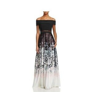 AQUA Bloomingdales Off The Shoulder Gown Black Floral | Size 10